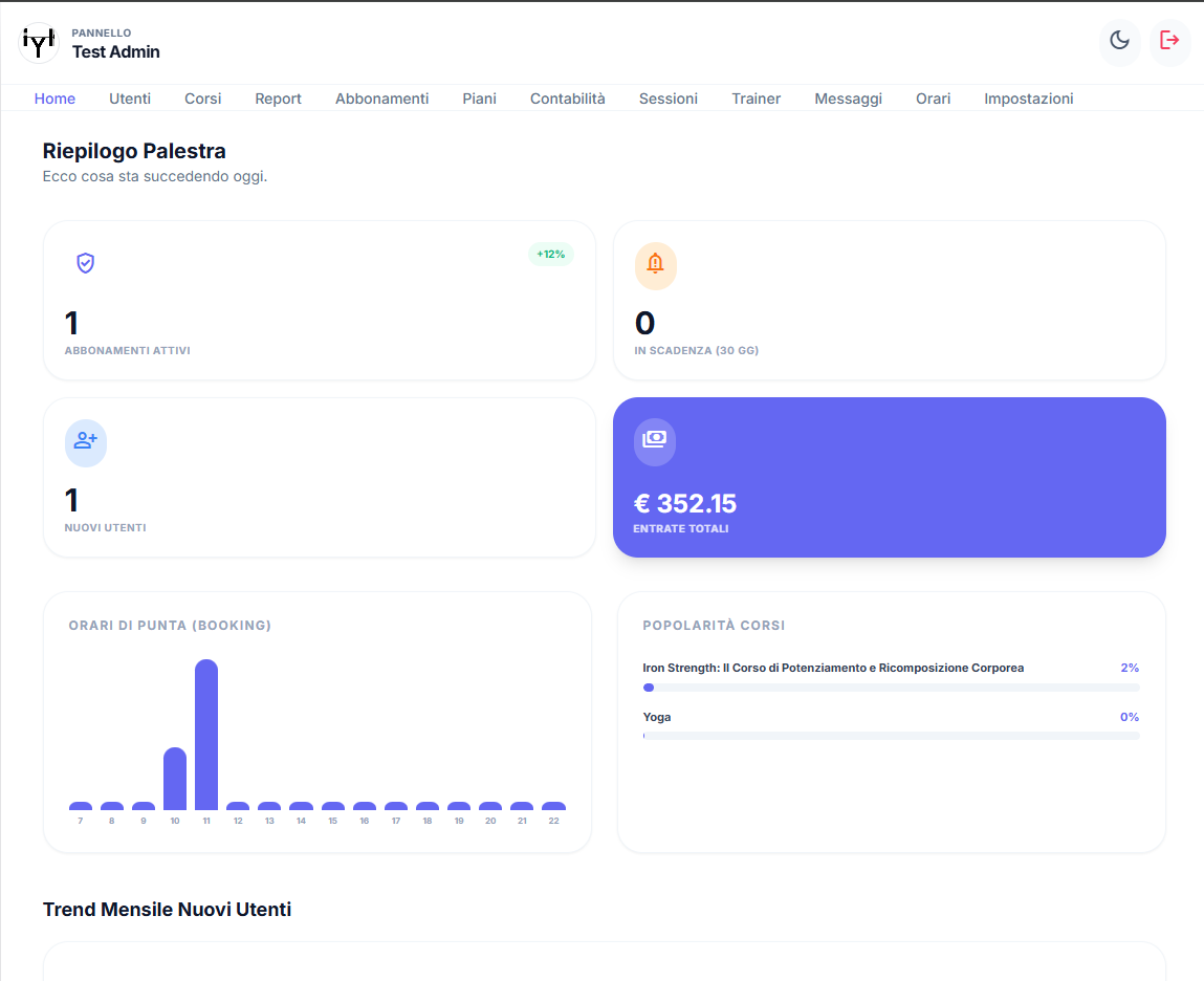 Dashboard gestionale SimplyGym — prenotazioni corsi e gestione soci